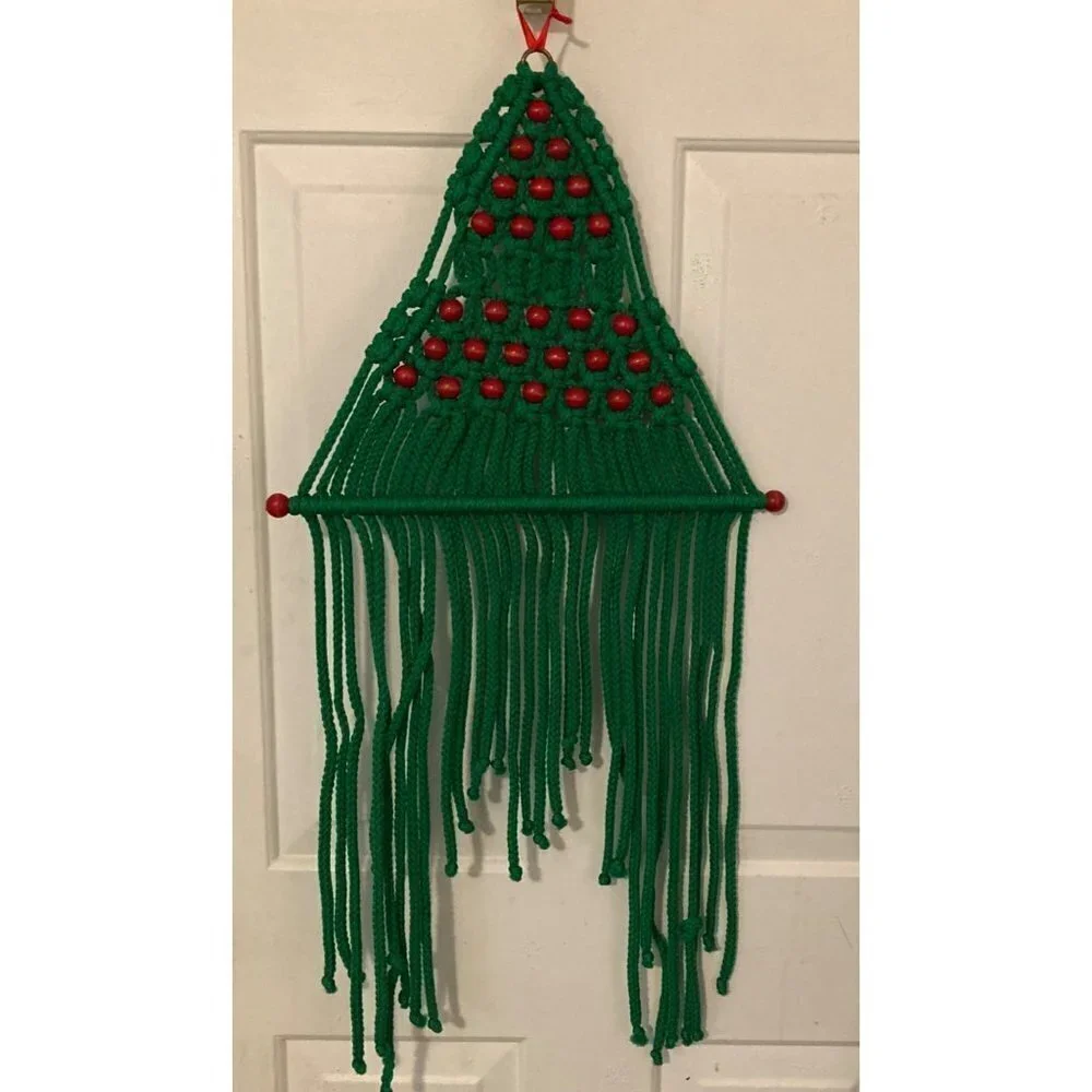 Vintage Macrame Christmas Tree Wall Hanging Beaded Green‎ Red 16 x 35